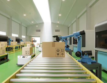 Interior of warehouse in logistic center have AGV/Robot arm,3d rendering